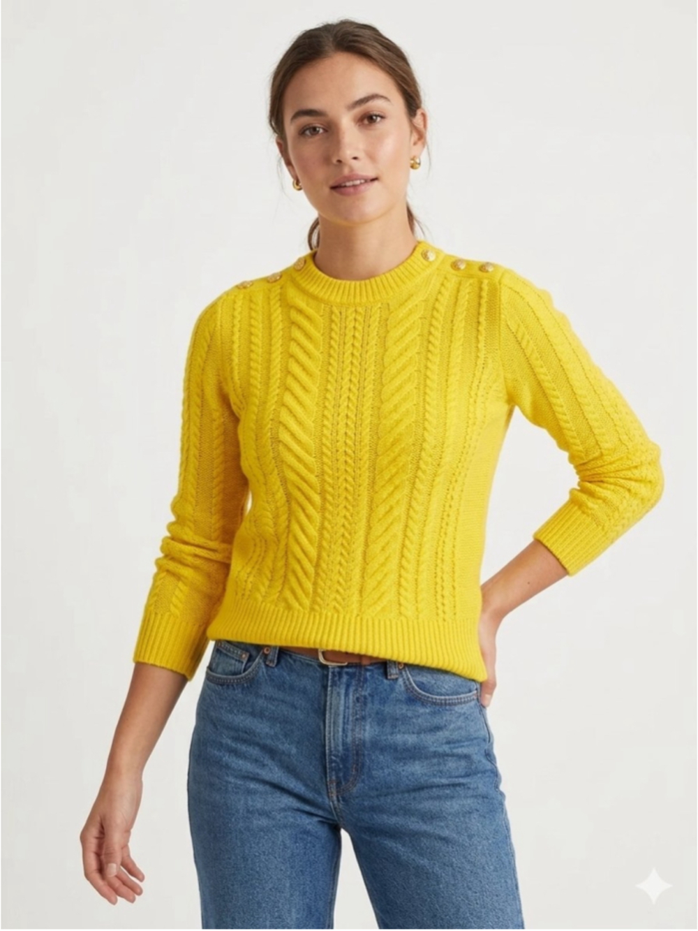 Women's J. Crew 100% Wool Cable Knit Button Detail Sweater Bright Yellow XXS 827